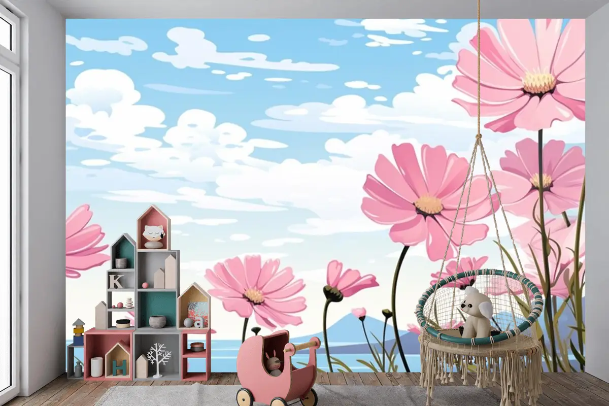 Papatyalar Çocuk Odası Duvar Kağıdı Ile Gökyüzünde Pembe Çiçeklerden Oluşan Bir Tablo