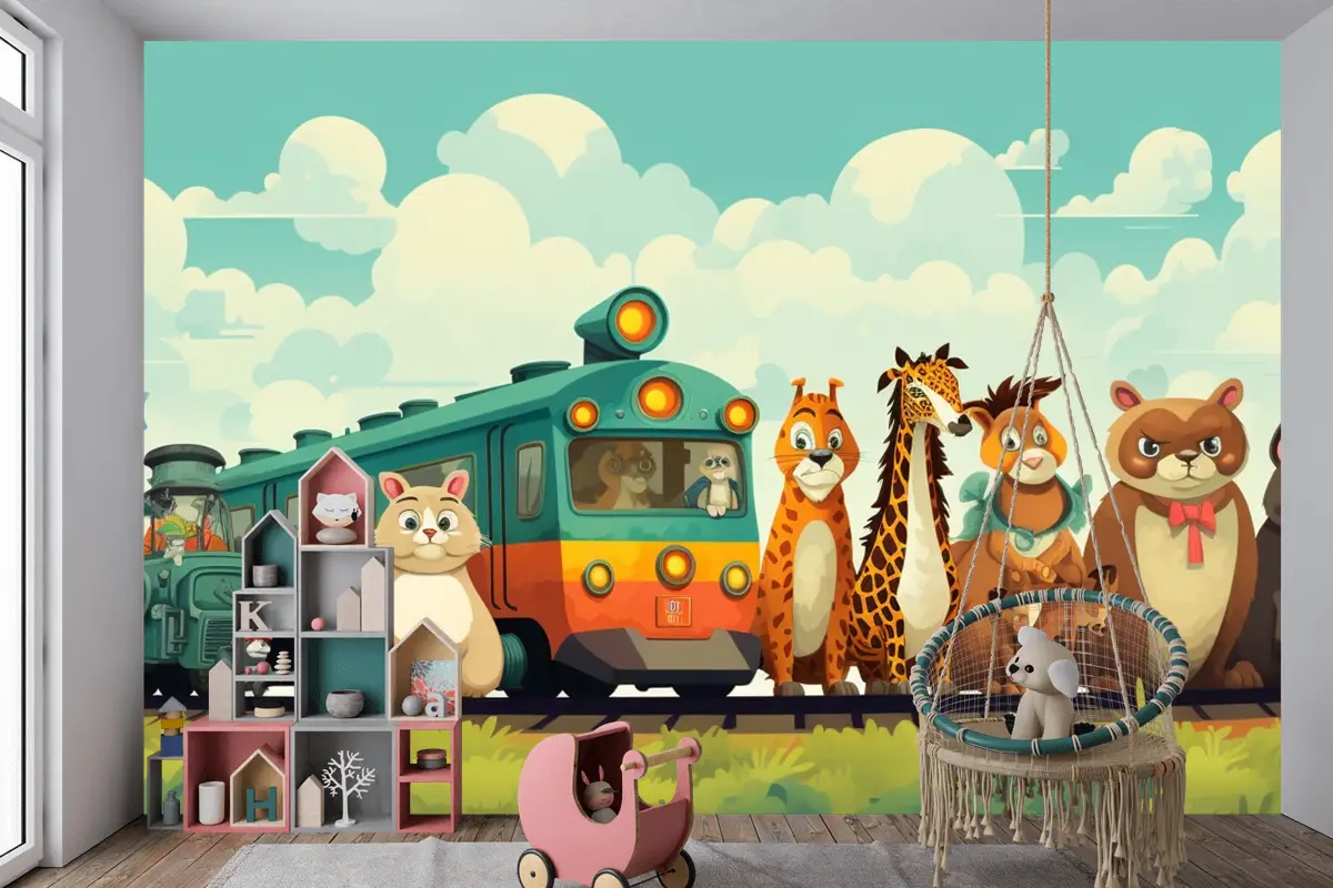 Üstünde Hayvanların Olduğu Bir Tren Ve Önünde Zürafalar Yazan Bir Tren Çocuk Odası Duvar Kağıdı