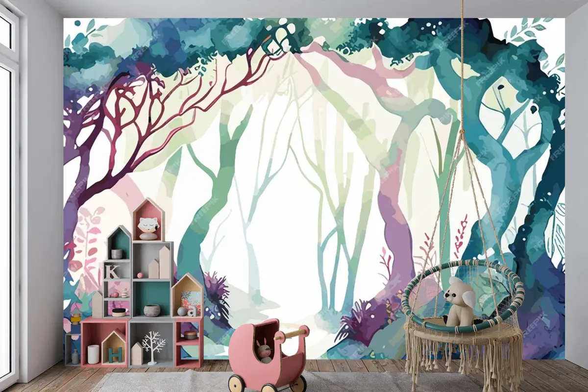 Çocuk Odası Duvar Kağıdına Giden Yolu Olan Bir Ormanın Suluboya Tablosu