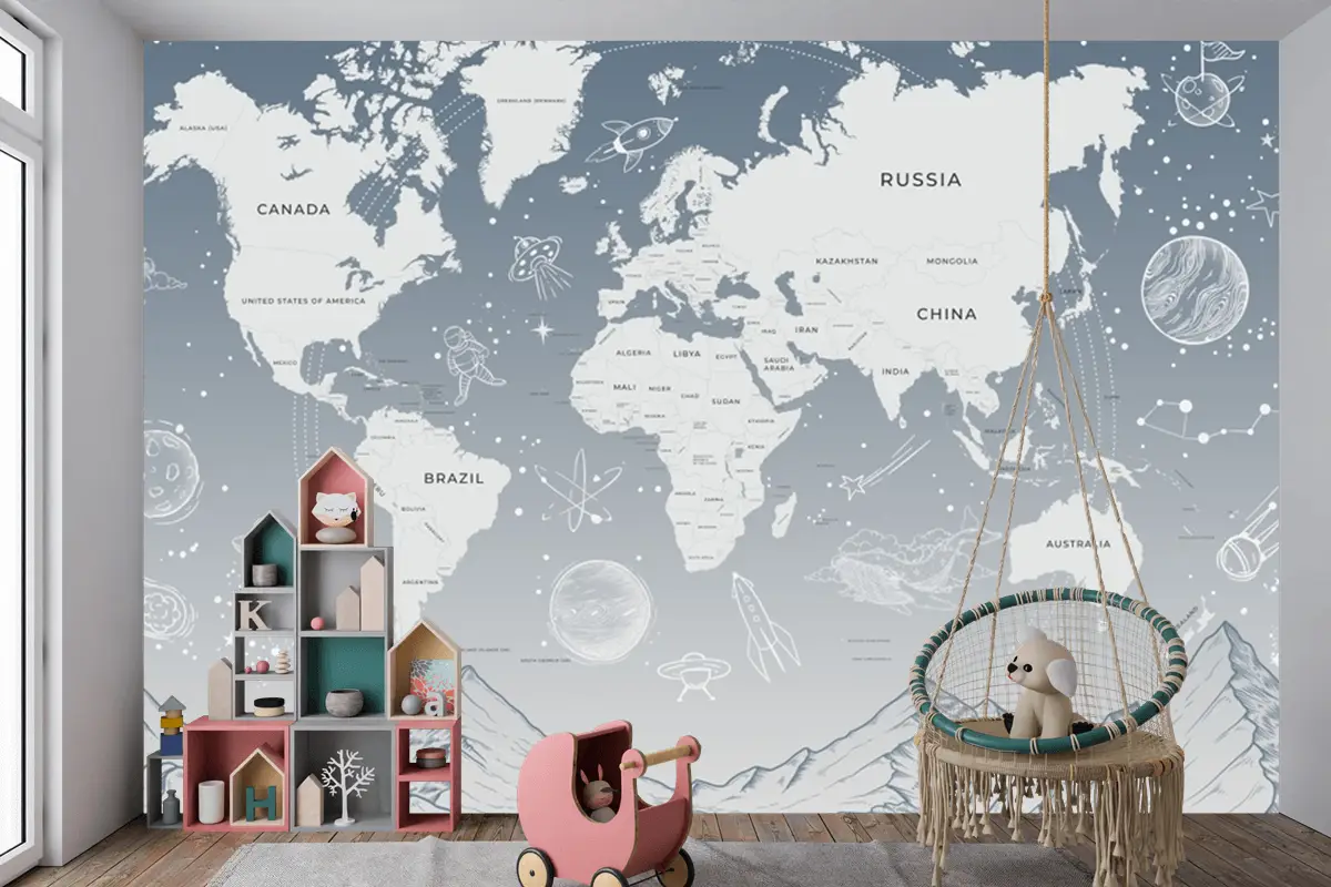Açık Mavi Güneş Sistemi Galaksi Uzay Çocuk Odası Dünya Haritası Duvar Kağıdı