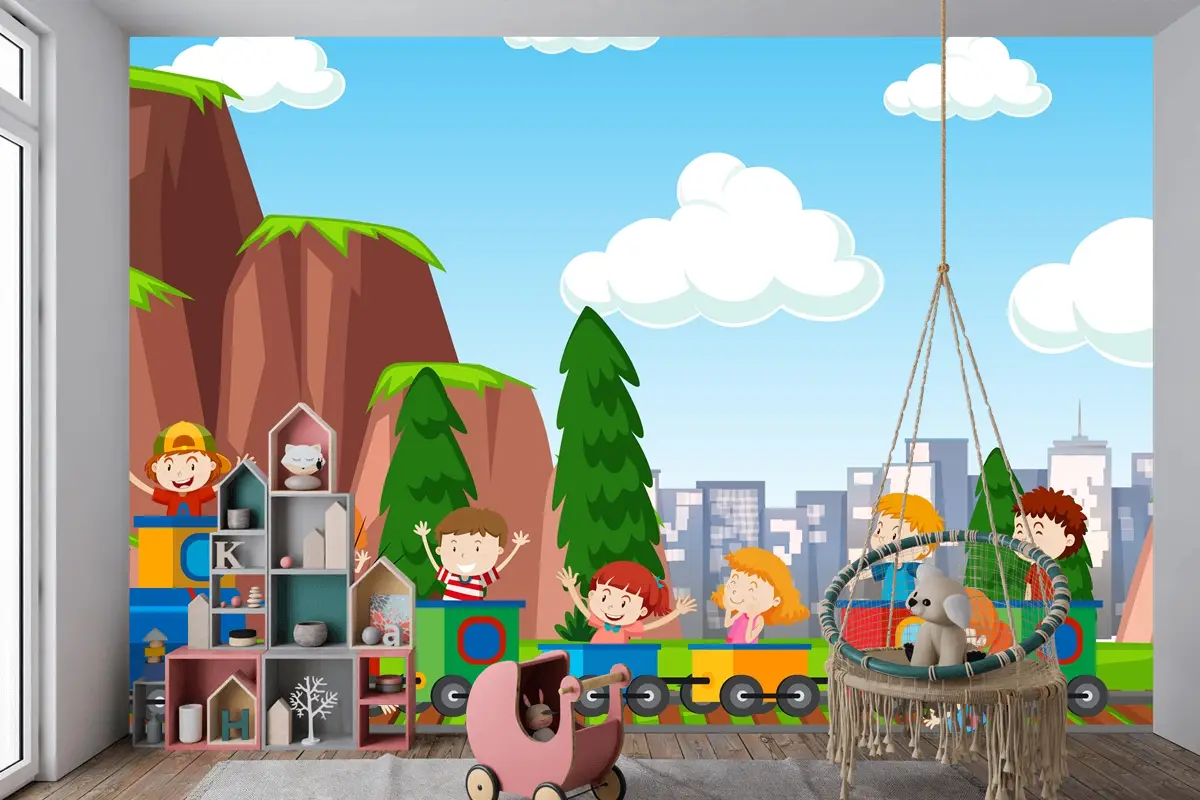 Çocuk Odası Duvar Kağıdı Dışında Spor Ve Eğlence Aktiviteleri Oynayan Aktif Erkek Ve Kız Çocukları