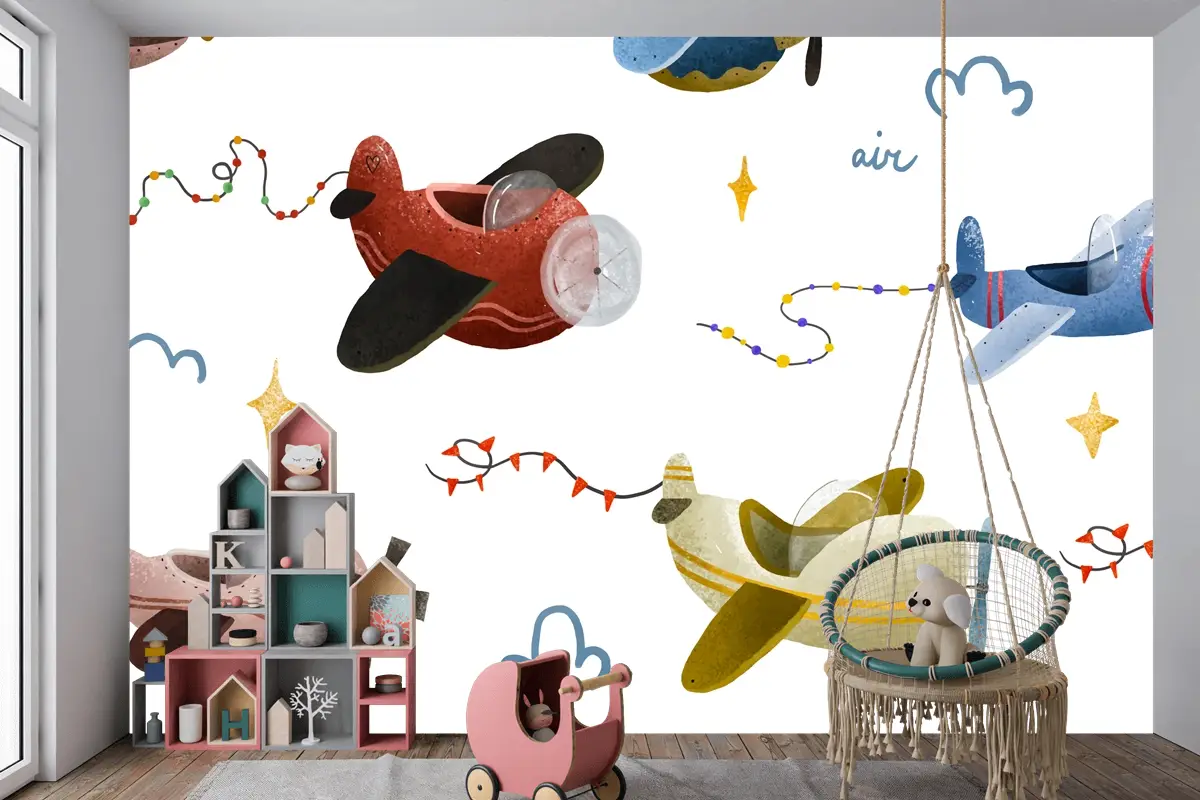 İskandinav Tarzı Çocuk Odası Duvar Kağıdı Duvarında Uçak Ve Bulutlar
