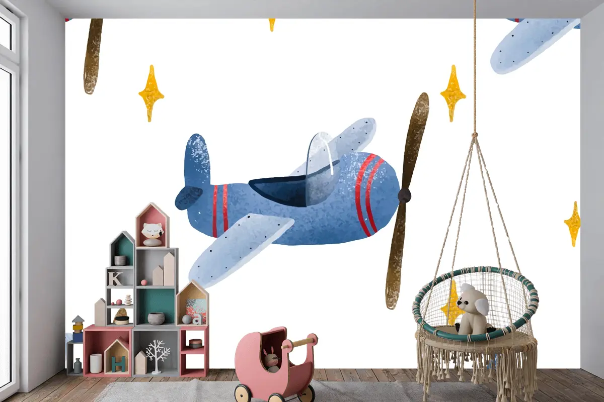 İskandinav Tarzında Uçak Ve Bulutlar Çocuk Odası Duvar Kağıdı