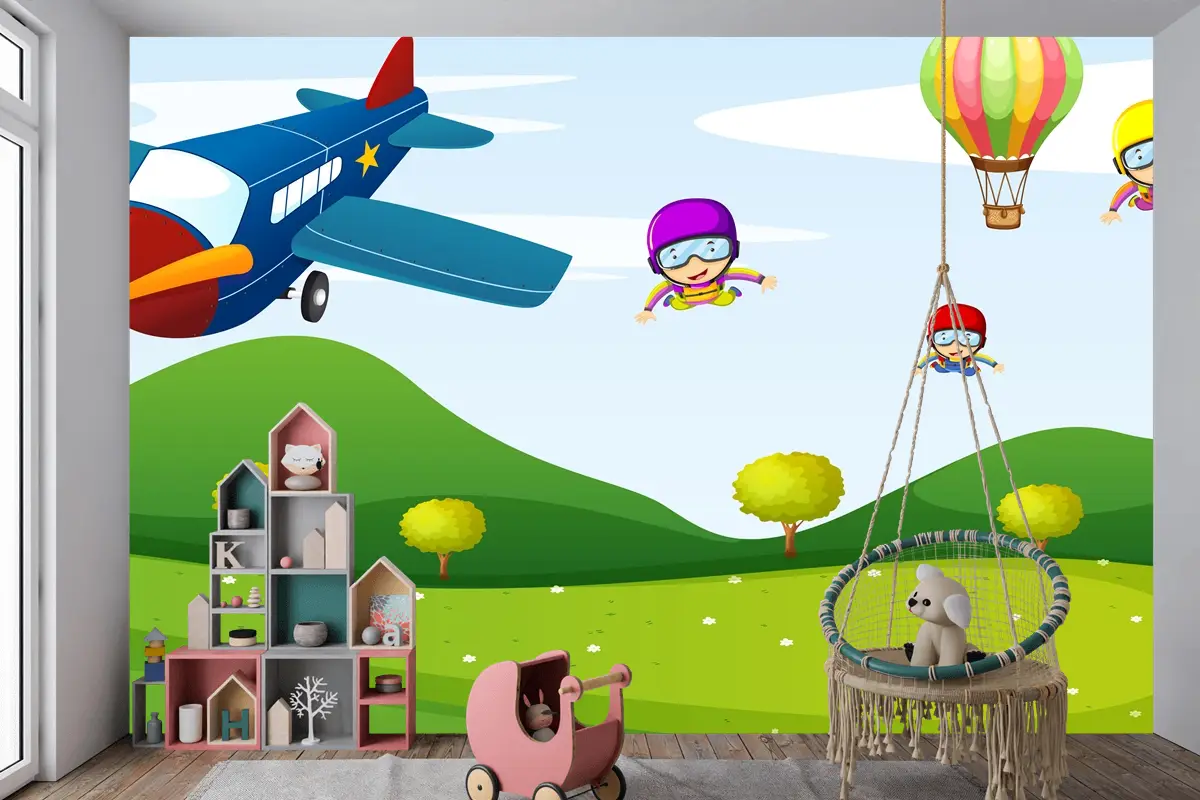 Uçak Ve Gökyüzü Etkinliği Çocuk Odası Duvar Kağıdı 