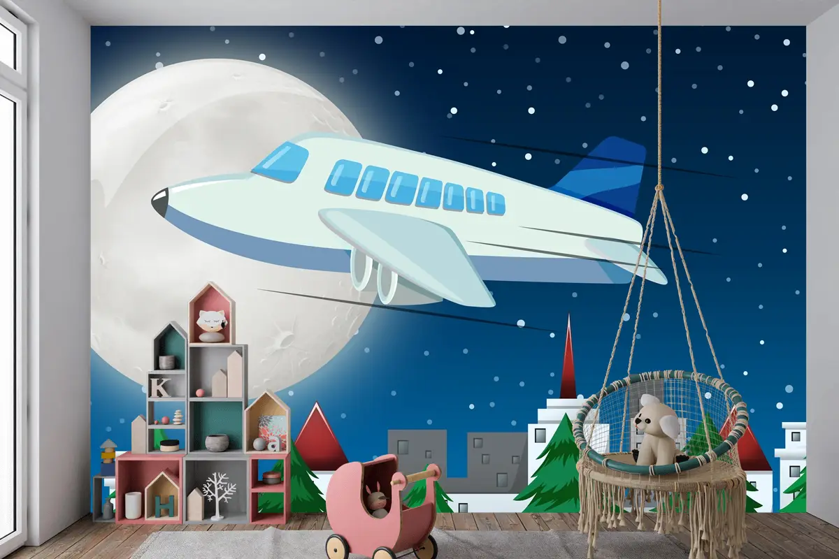 Gece Gökyüzünde Uçan Uçak Çocuk Odası Duvar Kağıdı