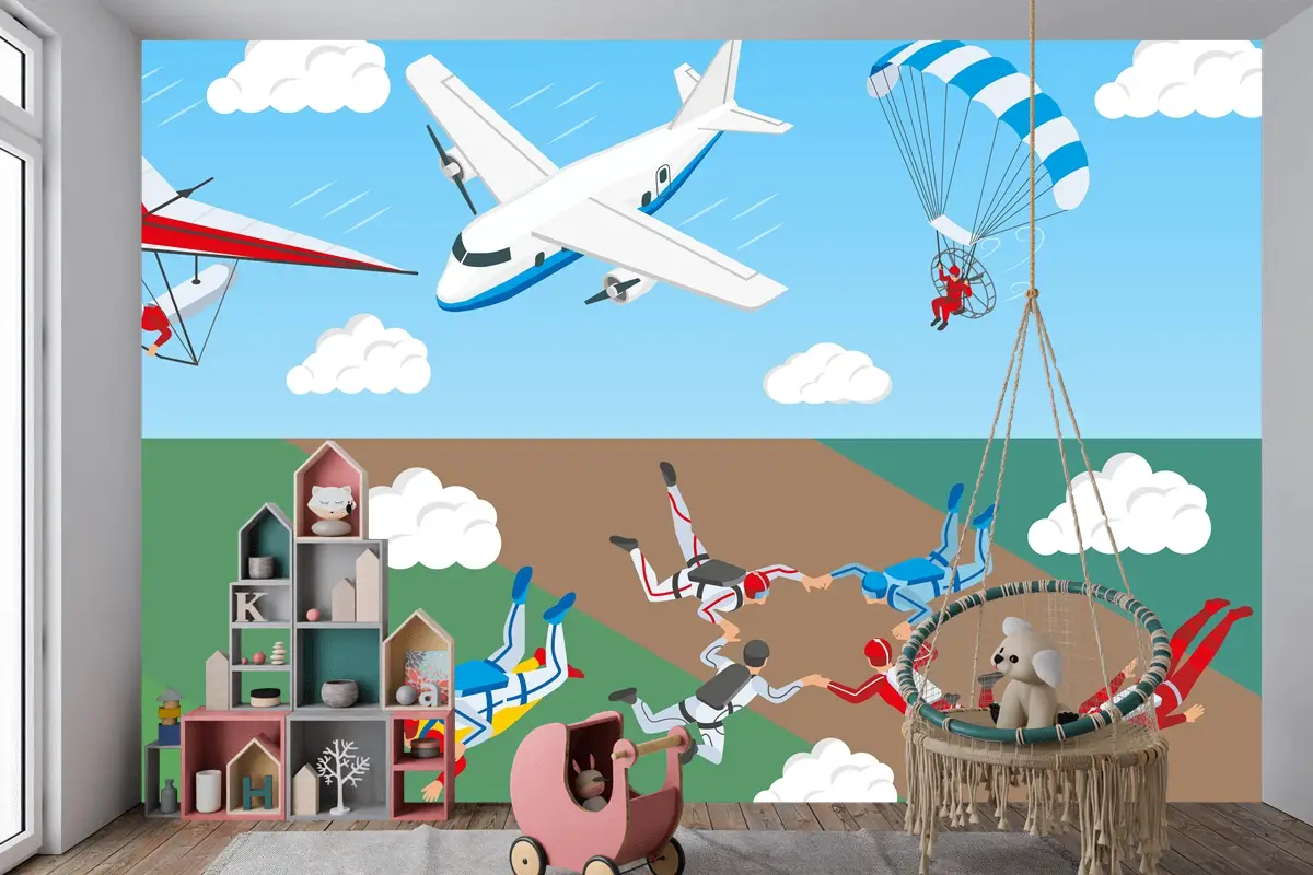Uçak Yelken Havacılık Gökyüzünde Paraşütle Atlayan Bir Grup İnsan Çocuk Odası Duvar Kağıdı
