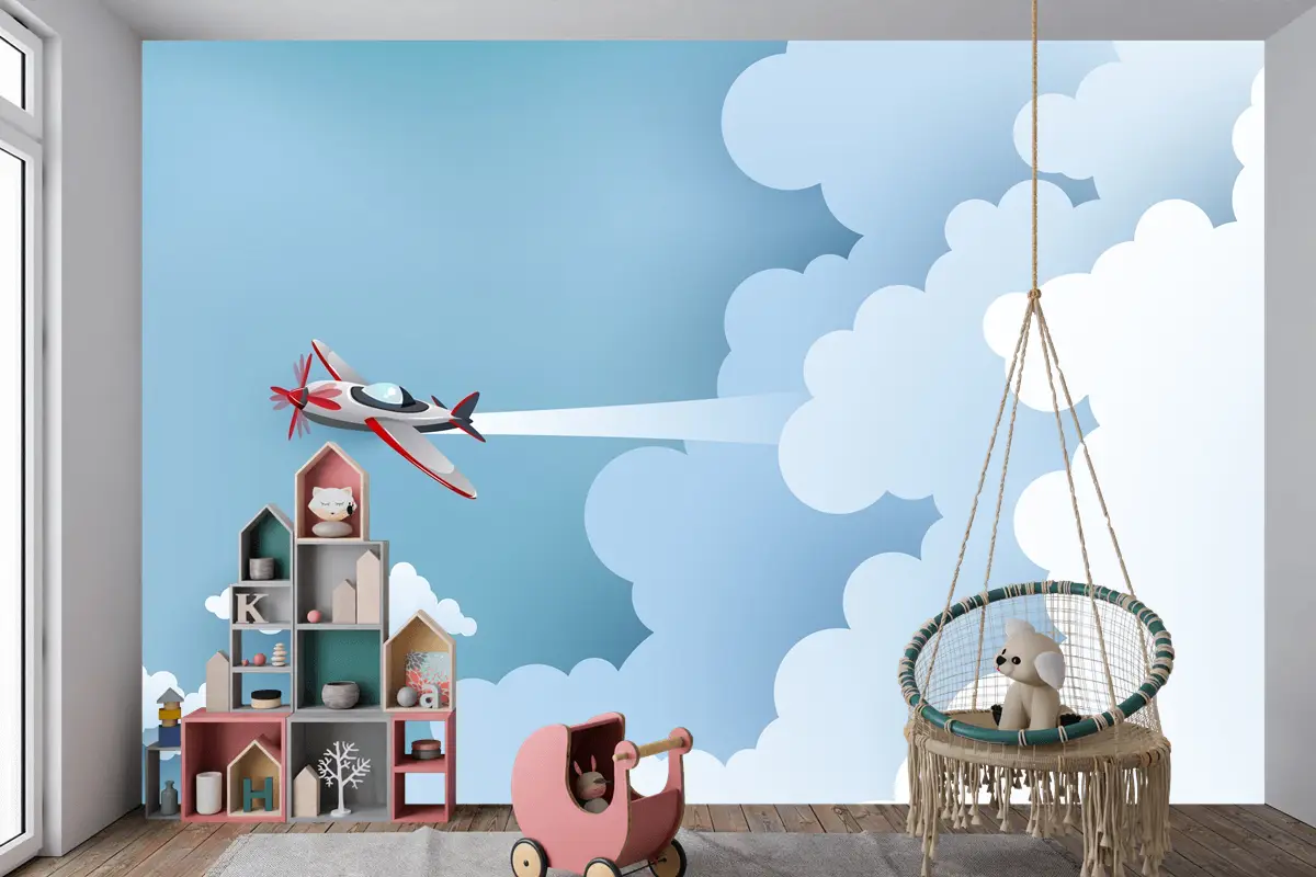 Bulut Üzerinde Uçak Çocuk Odası Duvar Kağıdı 
