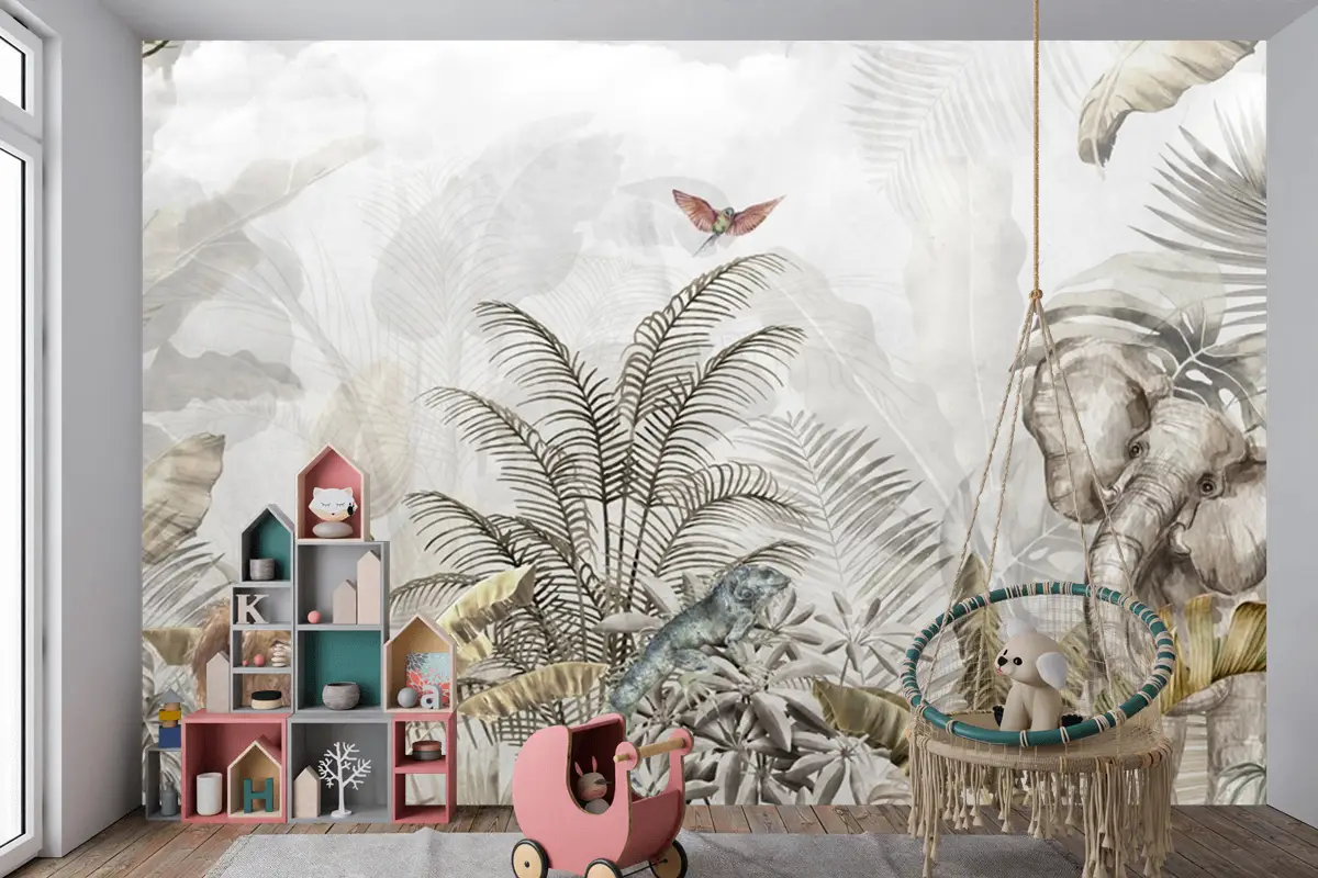 Altın Tropikal Safari Hayvanları Çocuk Odası Duvar Kağıdı