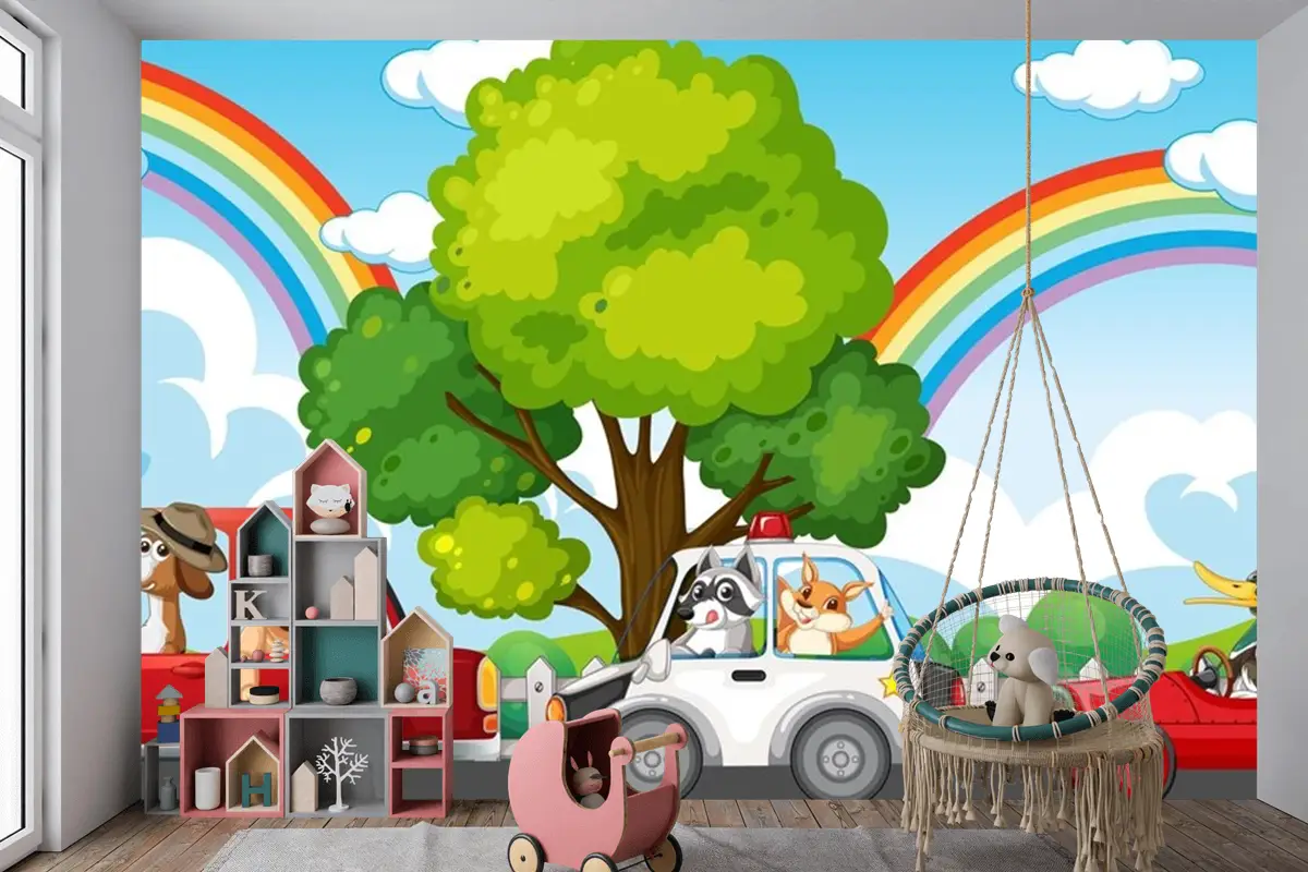 Farklı Arabaları Süren Hayvanlar Çocuk Odası Duvar Kağıdı