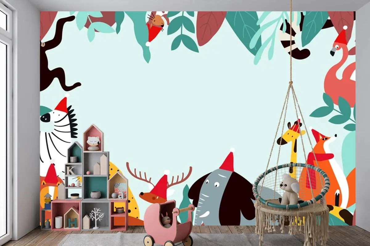 Hayvanlar Tema Şablonu Çocuk Odası Duvar Kağıdı 