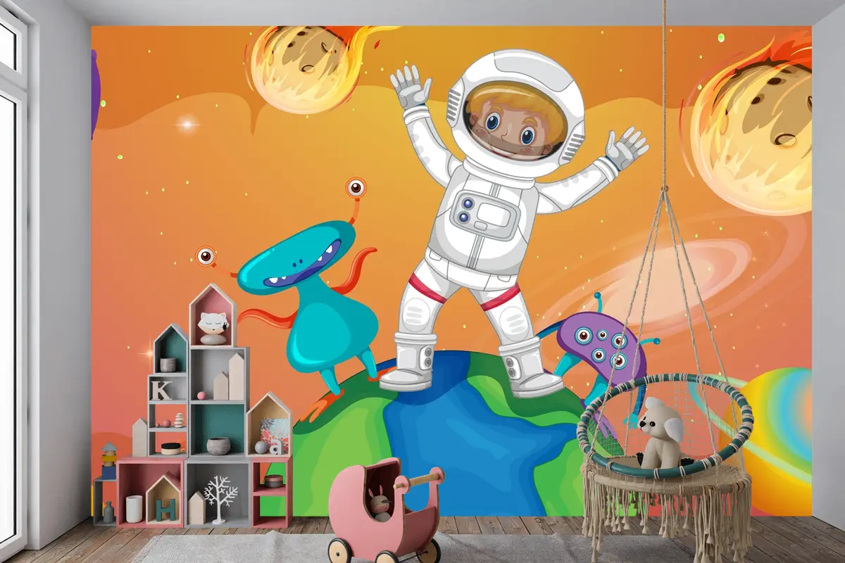 Uzay Sahnesinde Dünya Üzerinde Duran Uzaylılarla Astronot Çocuk Odası Duvar Kağıdı