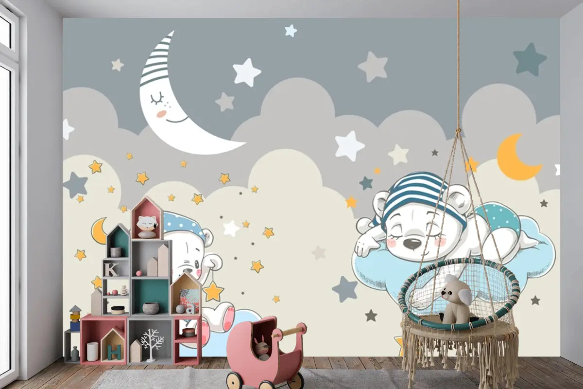 Ay Ve Yıldızlar Tüylü Bulutlar Teddy Ayılar Bebek Çocuk Odası Duvar Kağıdı