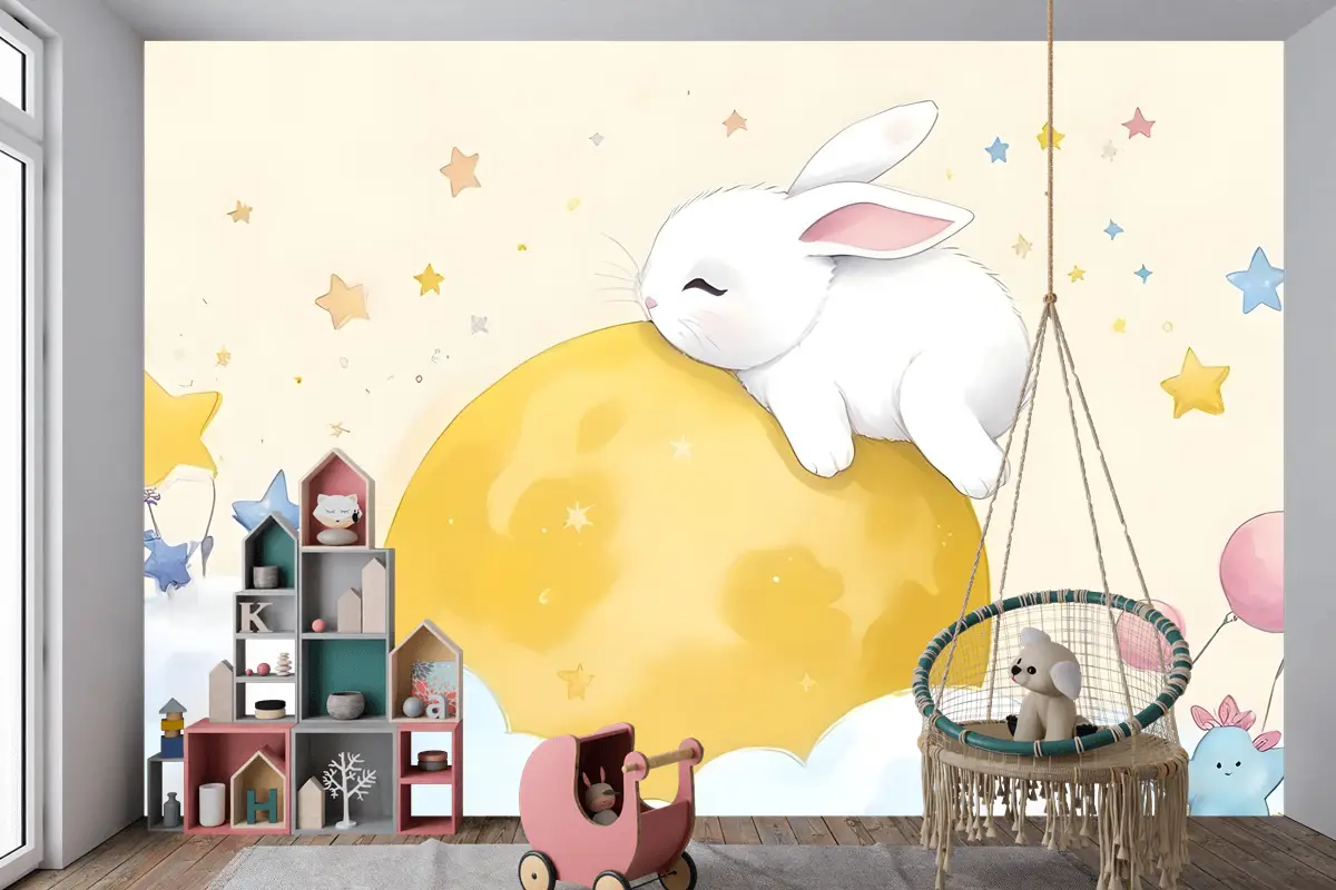 Bebek Karikatür Tavşan Ve Sarı Ay Çocuk Odası Duvar Kağıdı