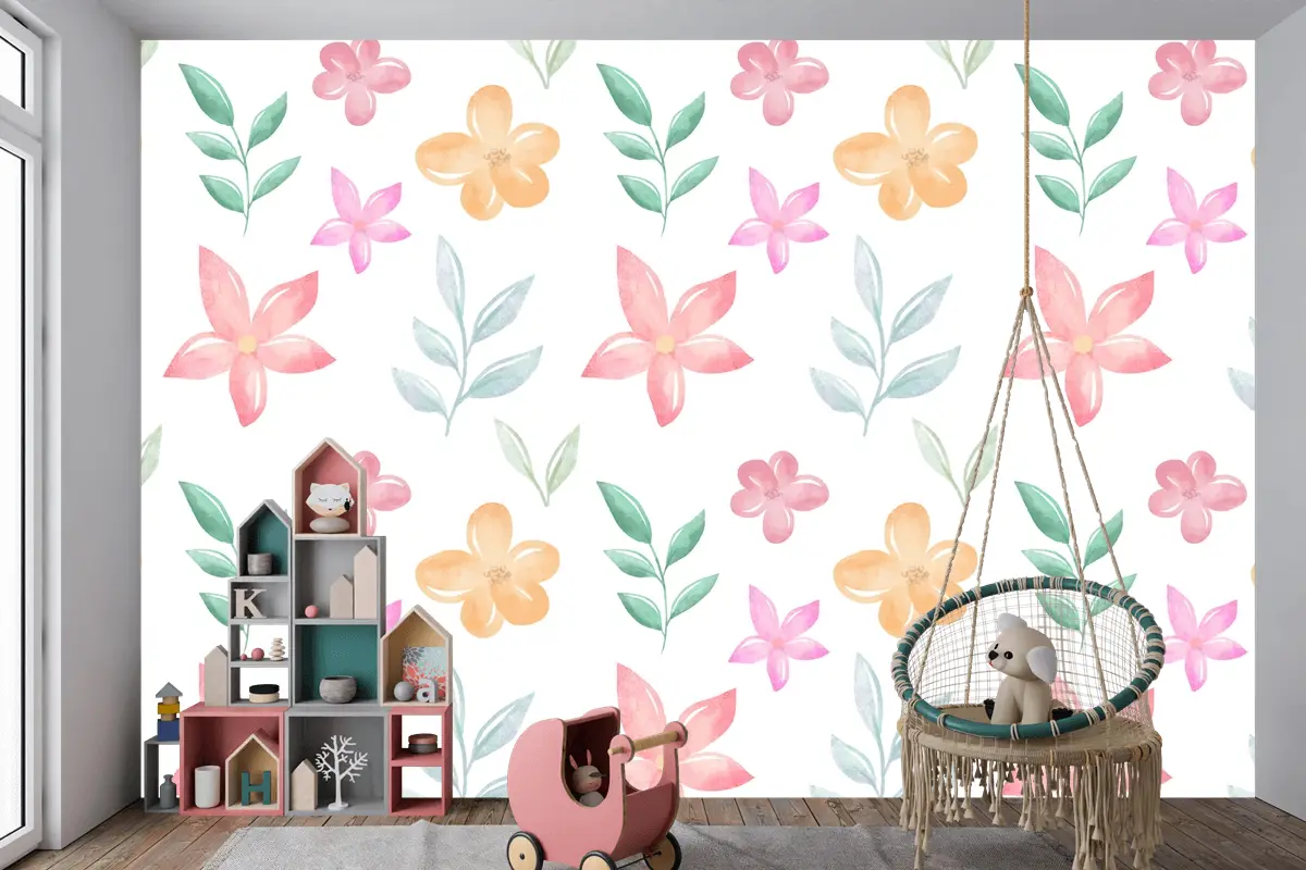 Yumuşak Renklerle Arka Plan Çiçek Suluboya Çocuk Odası Duvar Kağıdı
