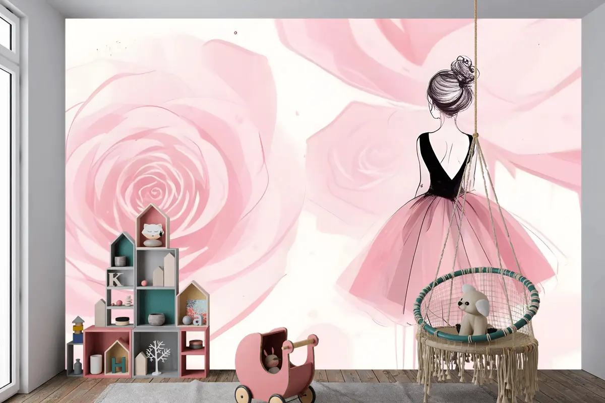 Balerin Kız Ve Pembe Güller Çocuk Odası Duvar Kağıdı