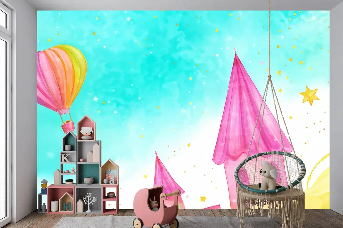 Uçan Bir Peri Masalı Suluboya Çocuk Odası Duvar Kağıdı Ile Balon