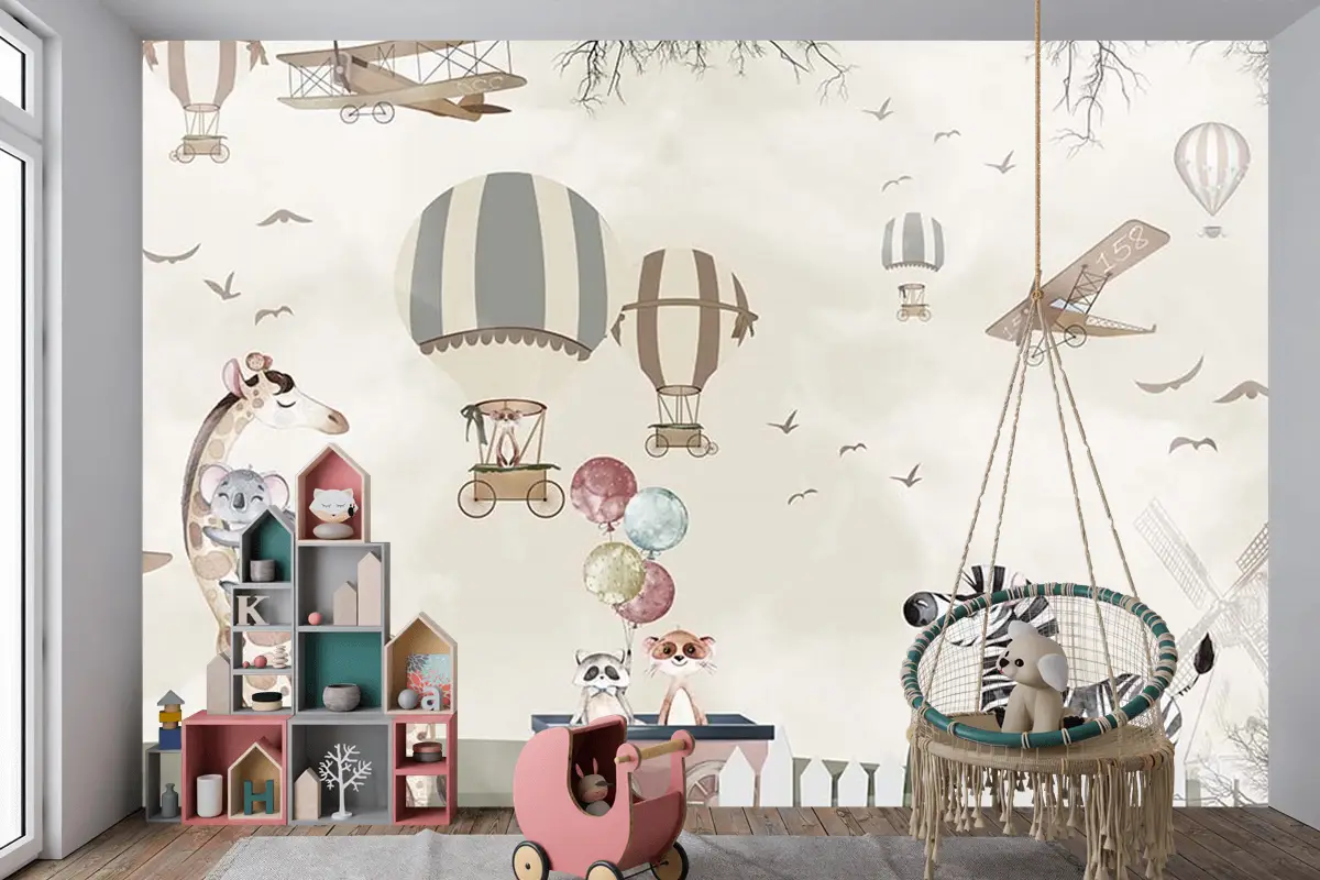 Balonlar Uçaklar Sevimli Hayvanlar Çocuk Kağıdı