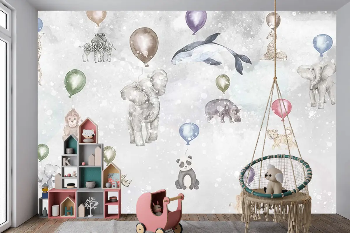 Balonlar Ve Sevimli Hayvanlar Çocuk Odası Duvar Kağıdı