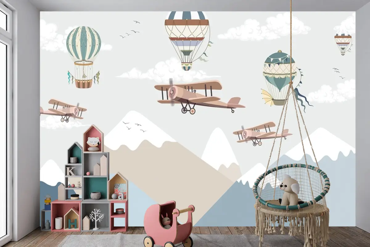 Balonlar Ve Uçaklar Ile Dağlar Çocuk Odası Duvar Kağıdı