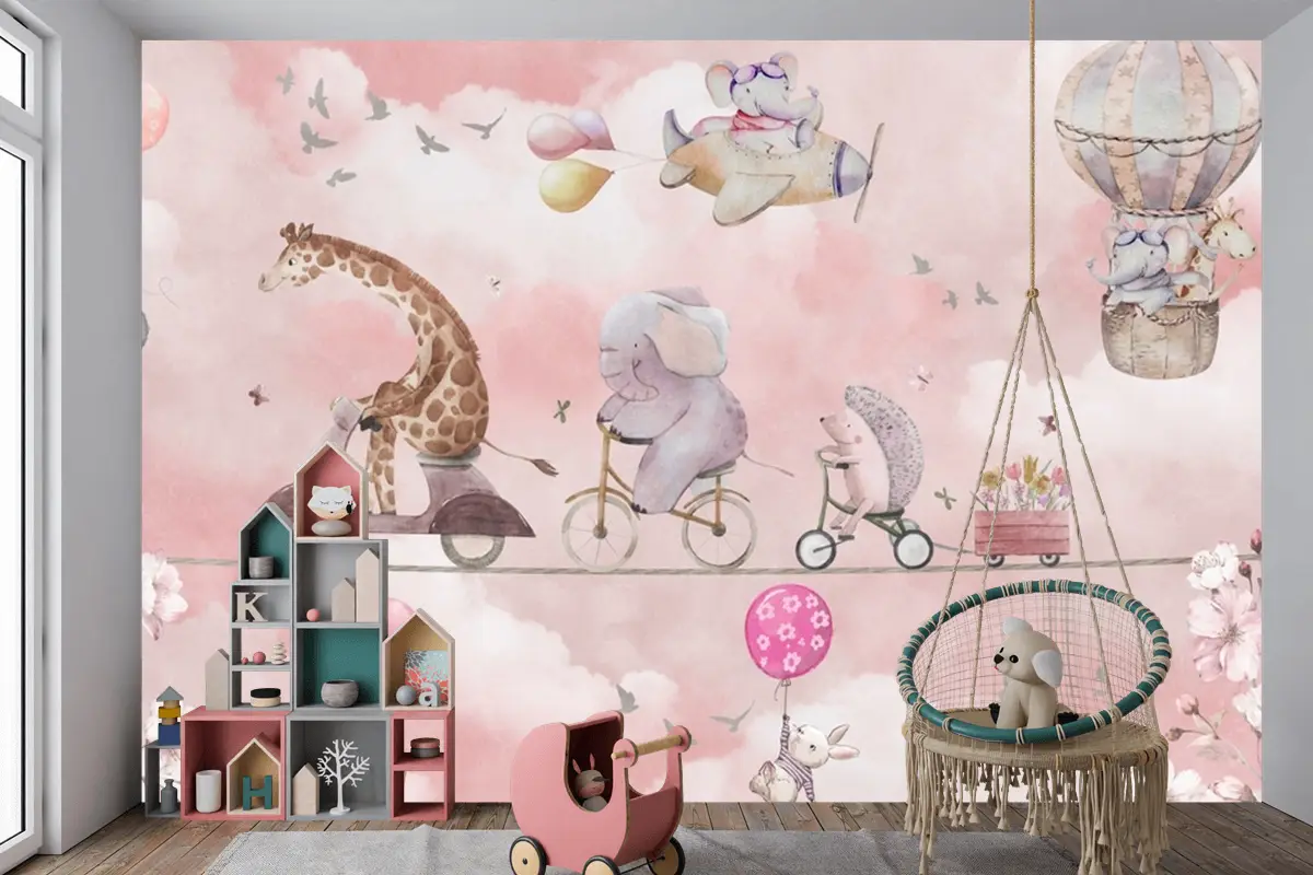 Balonlu Bisikletli Hayvanlar Suluboya Pembe Çocuk Odası Duvar Kağıdı