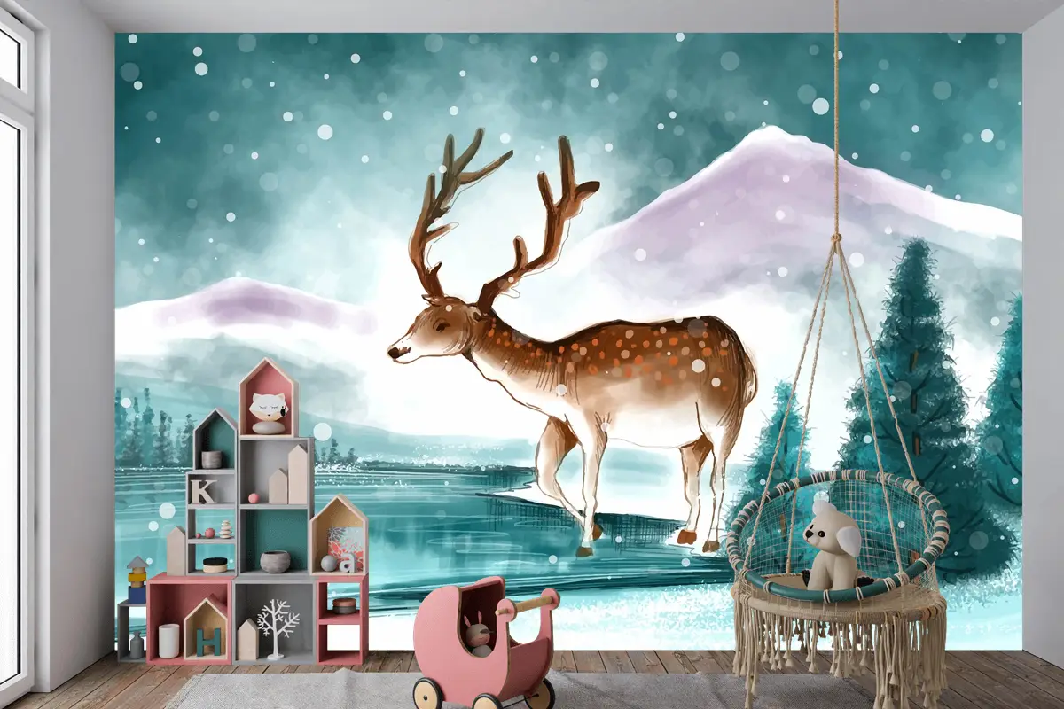 Kışın Güzel Noel Manzarası Noel Geyiği Kartı Çocuk Odası Duvar Kağıdıyla