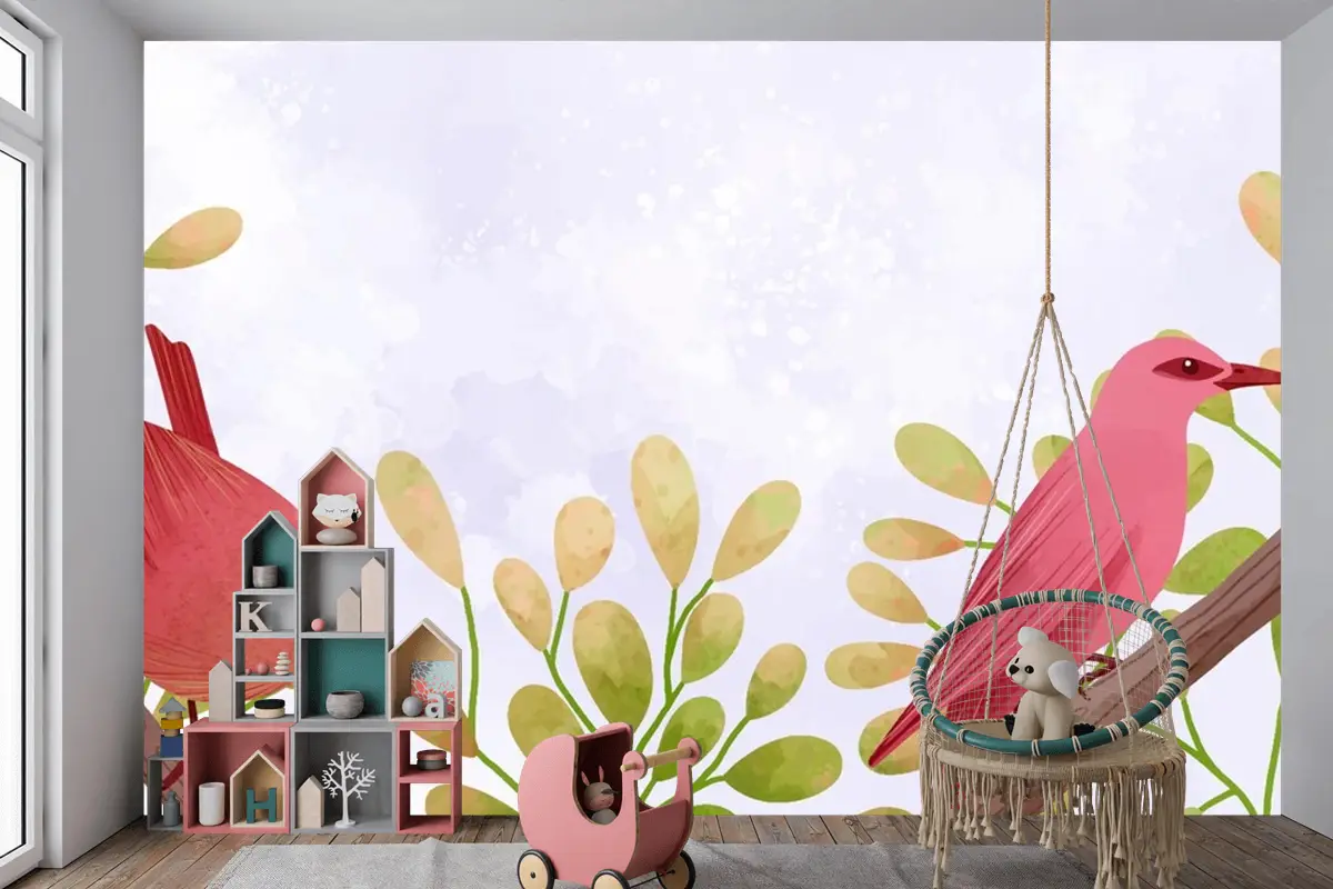 Dallarda Oturan Kuşların Güzel Suluboya Çocuk Odası Duvar Kağıdı