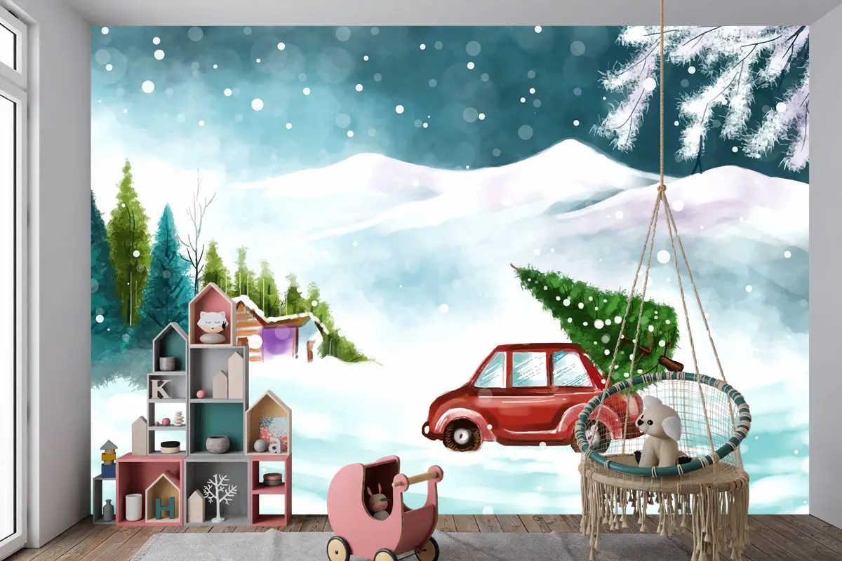 Karlı Noel Ağacında Arabayla Güzel Kış Manzarası Çocuk Odası Duvar Kağıdı