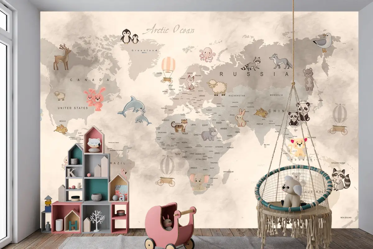 Bebek Hayvanlar Dünya Haritası Eğitici Çocuk Odası Duvar Kağıdı