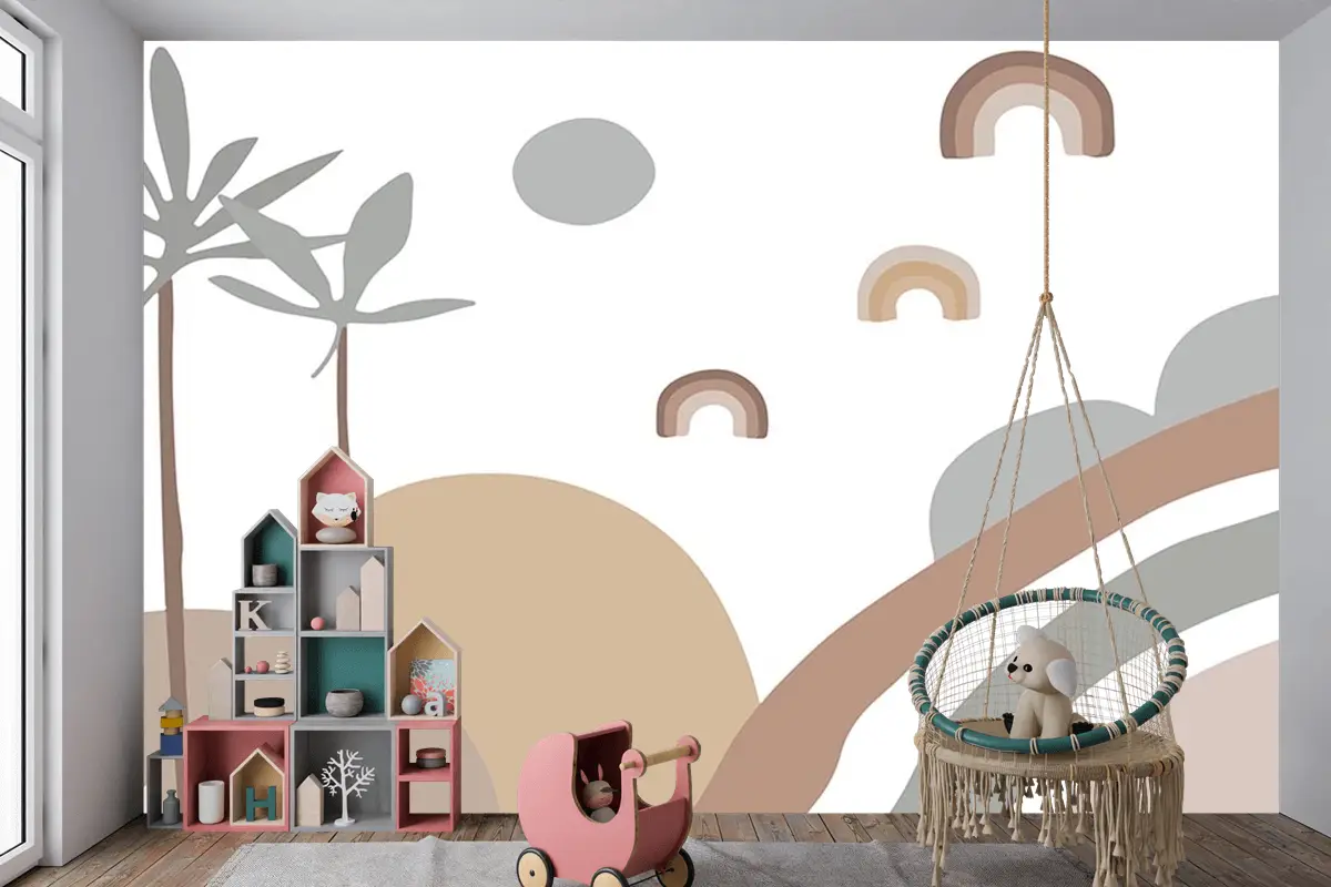 Çizim Palmiye Güneş Çocuk Odası Duvar Kağıdı