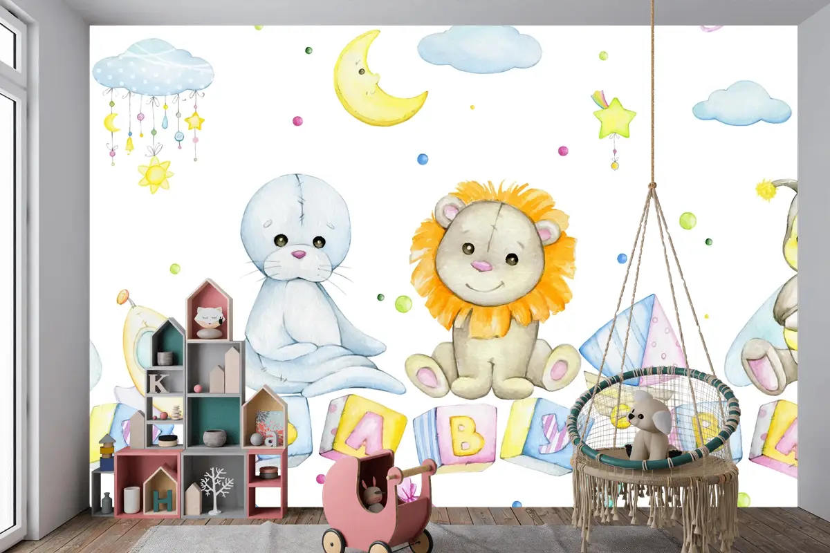 Arı Aslan Mühür Küpleri Harflerle Ay Yıldız Bulutlar Çocuk Odası Duvar Kağıdı
