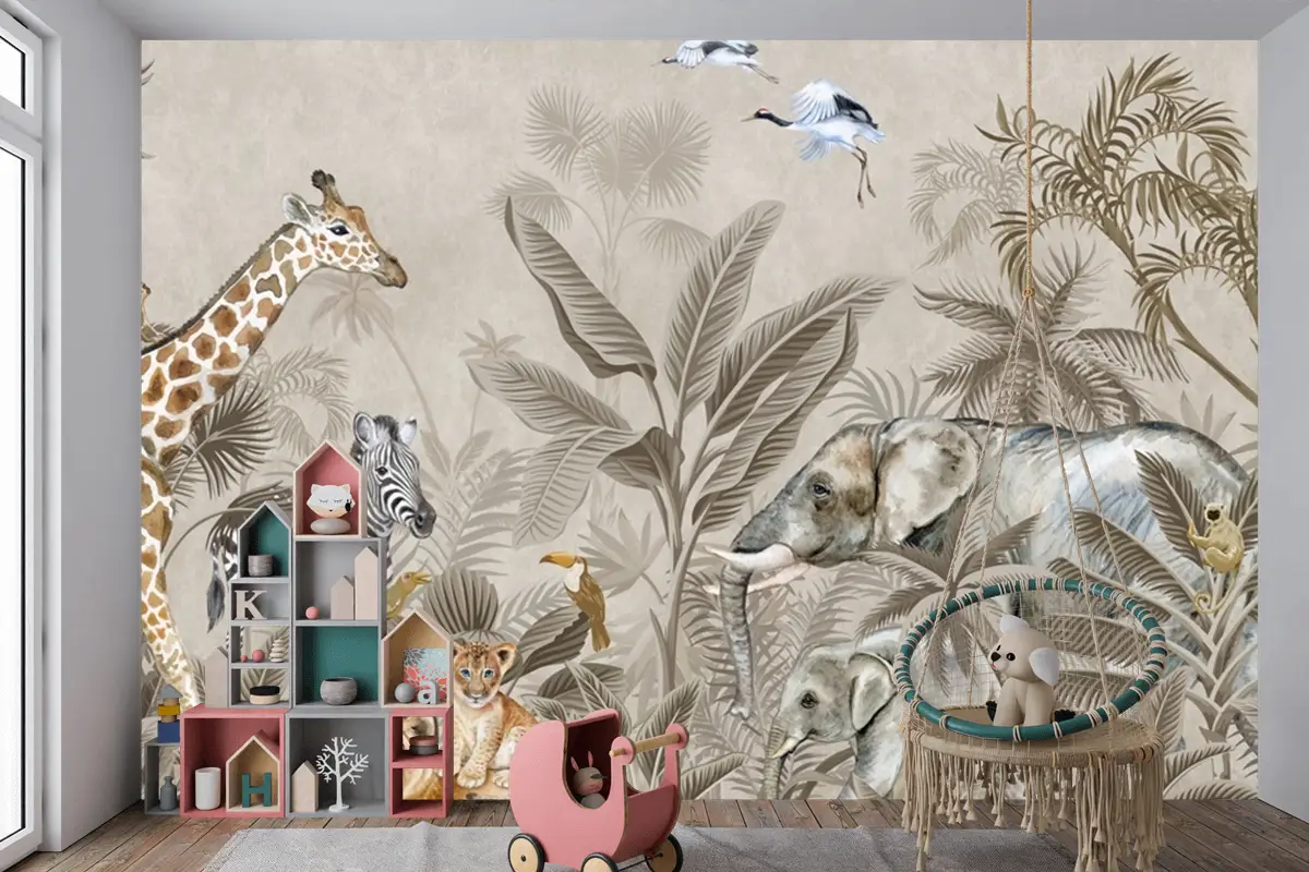 Bej Suluboya Safari Hayvanları Çocuk Odası Duvar Kağıdı