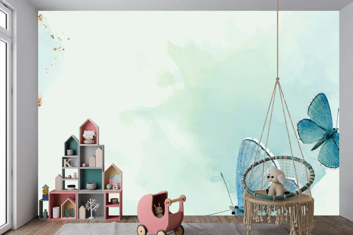 Mavi Kelebekler Desenli Arka Plan Çocuk Odası Duvar Kağıdı