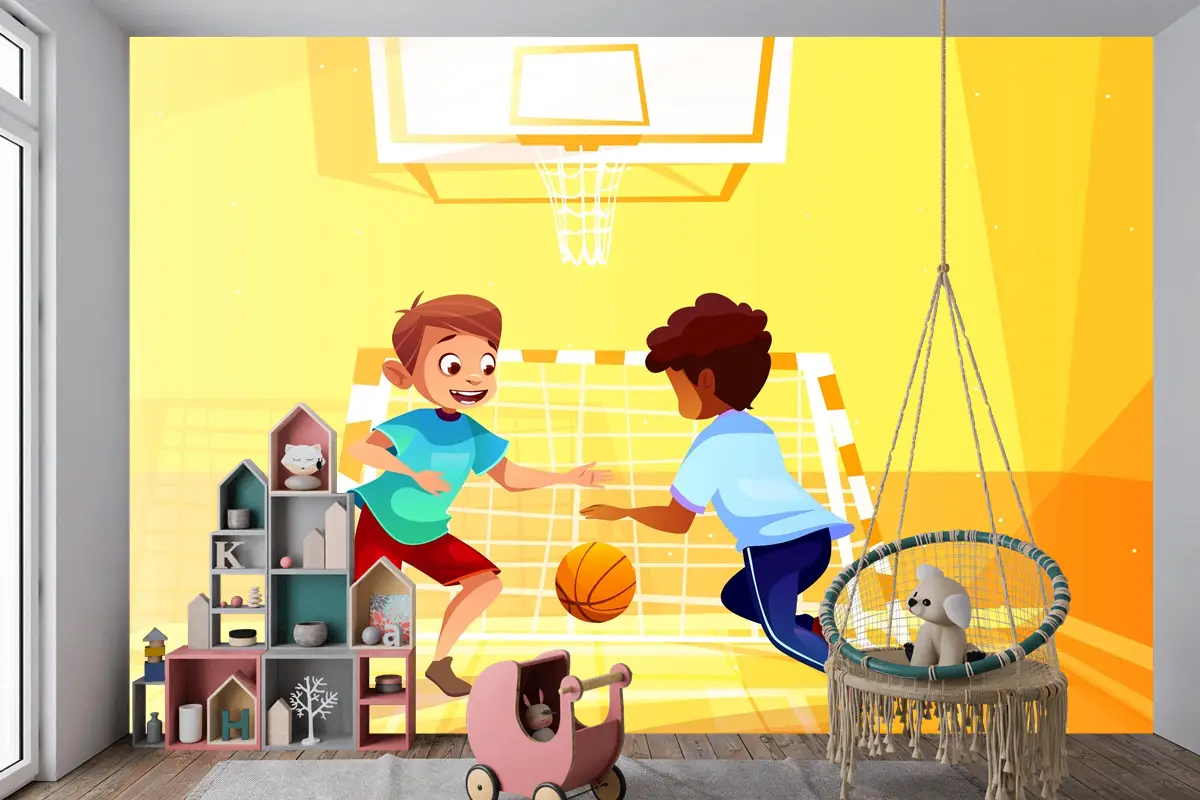 Okulda Topla Basketbol Oynayan Çocuk Odası Duvar Kağıdı