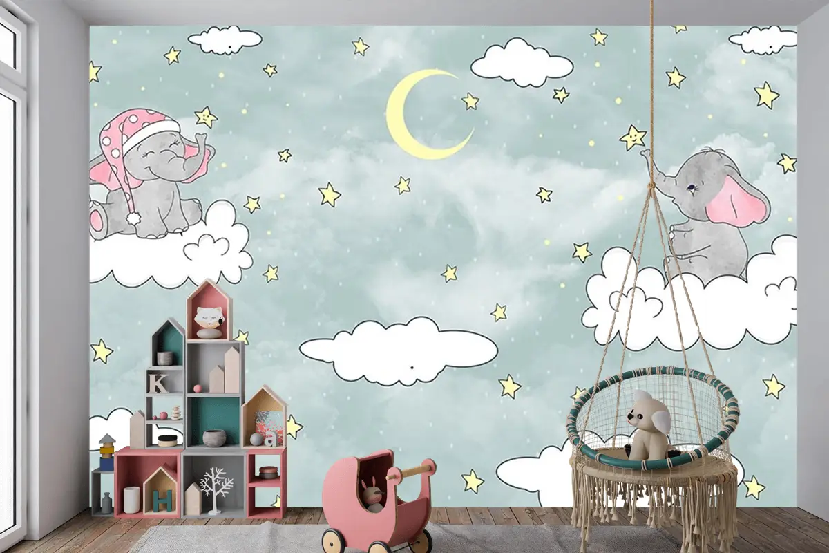 Bulut Üzerinde Sevimli Filler Duvar Kağıdı