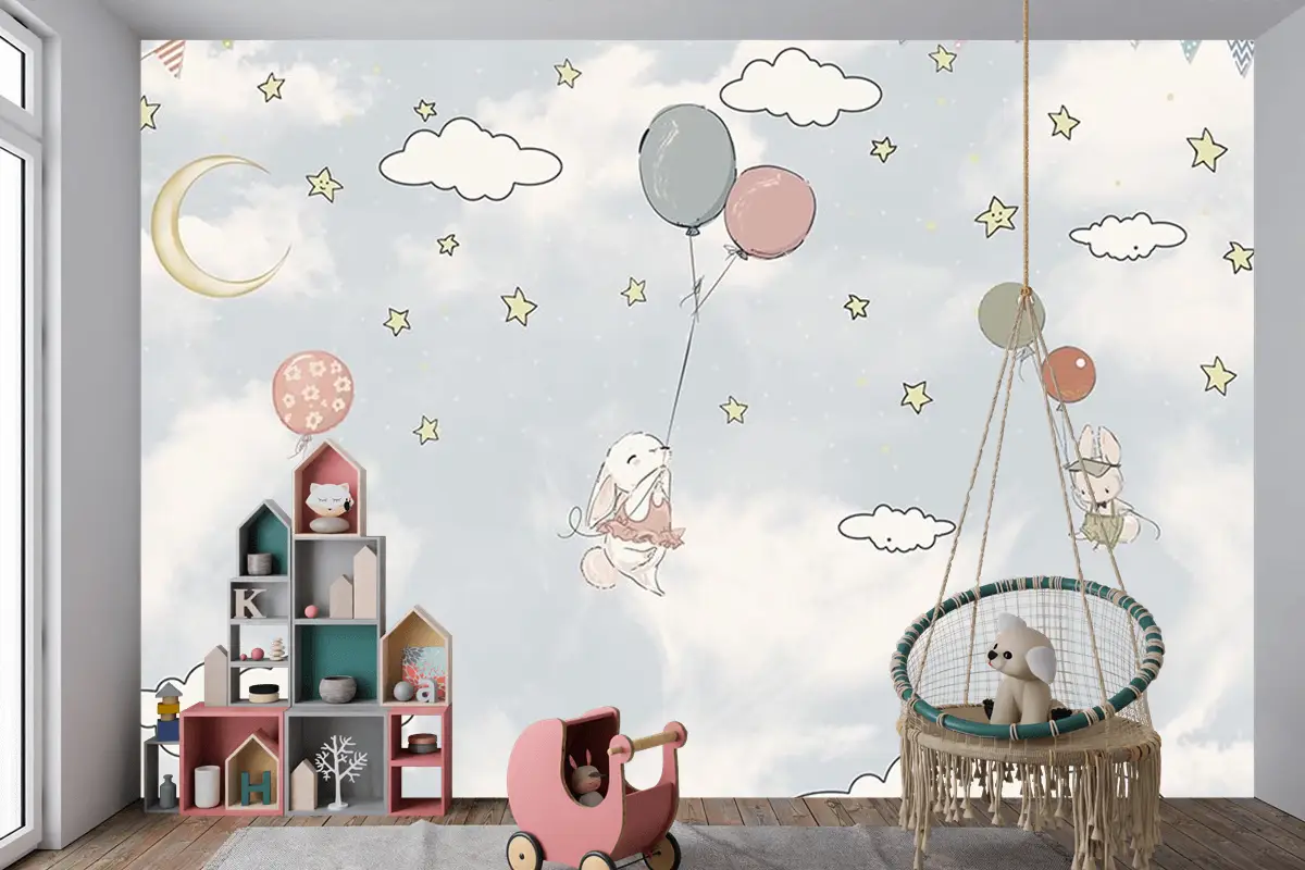 Bulutlar Arasında Balonlar Ve Tavşanlar Çocuk Odası Duvar Kağıdı