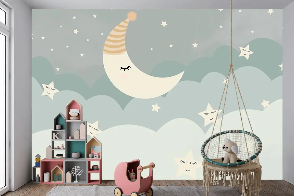 Bulutlar Ay Ve Yıldızlar Çocuk Odası Duvar Kağıdı