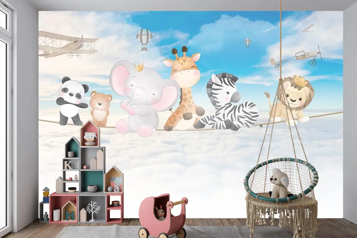 Bulutlar Üzerinde Mutlu Ve Sevimli Hayvanlar Çocuk Odası Duvar Kağıdı
