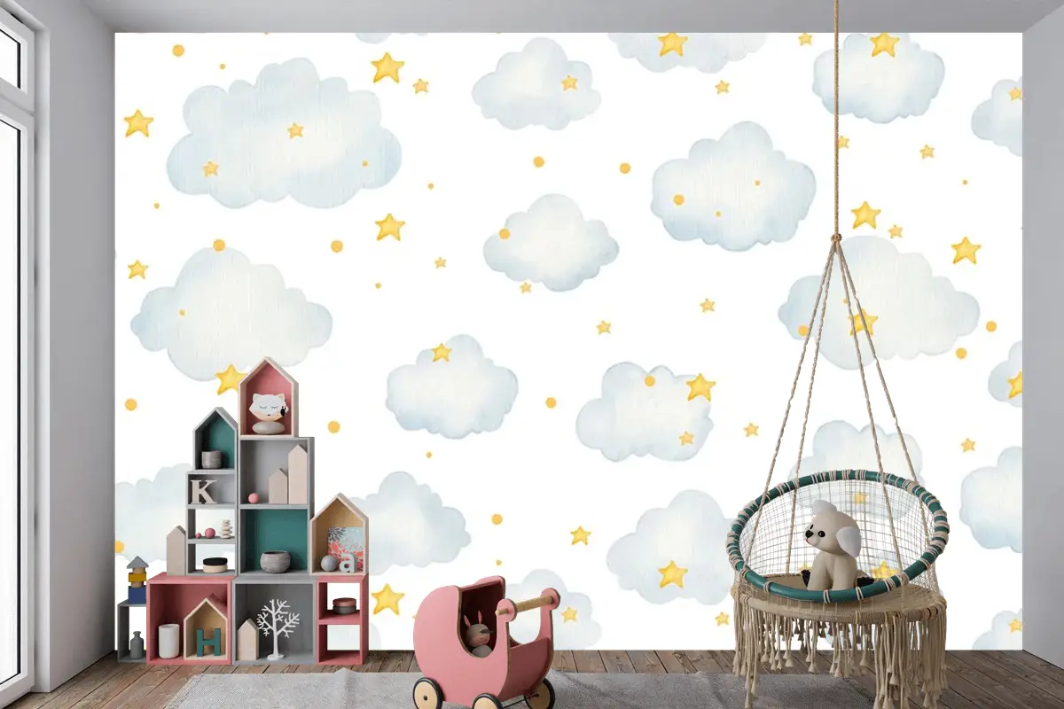 Bulutlu Ve Yıldızlı Çocuk Odası Duvar Kağıdı