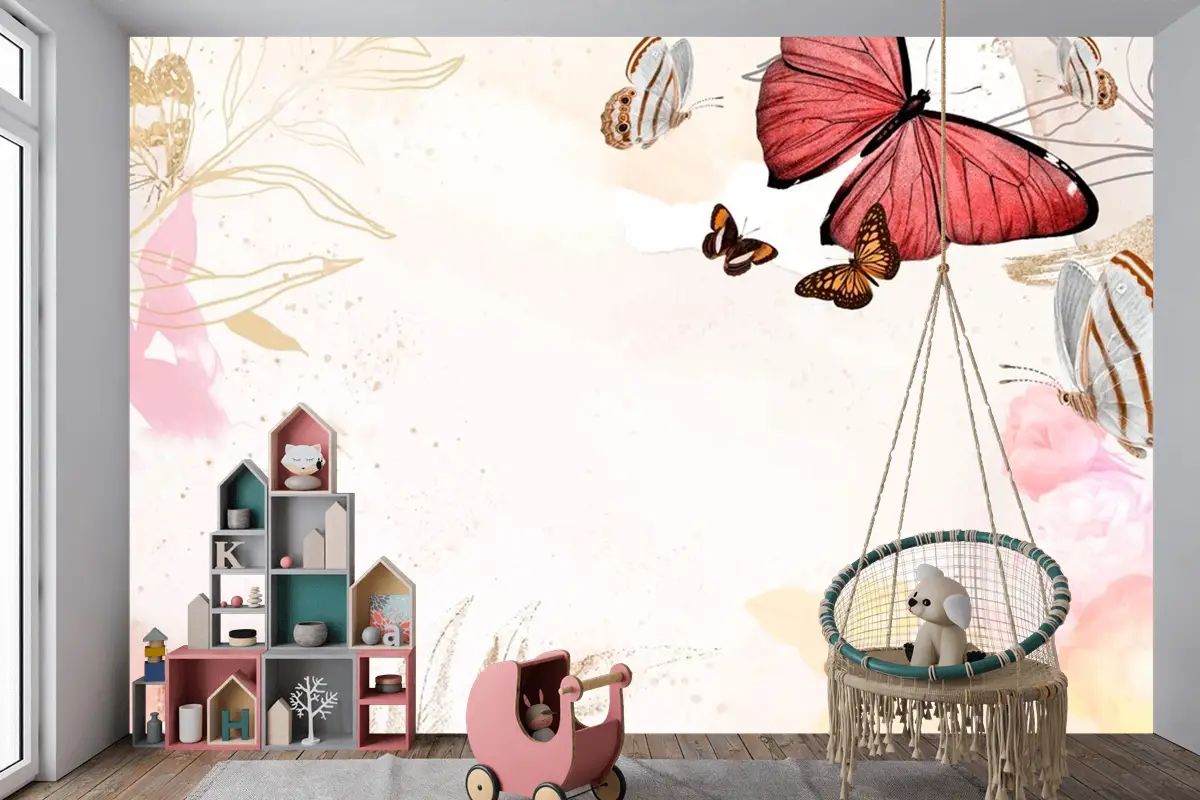 Kelebek Arka Plan Estetik Sınır Çiçekli Çocuk Odası Duvar Kağıdı