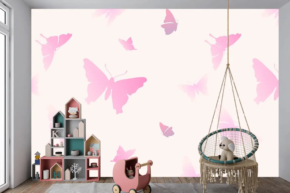 Kelebek Desenli Kadınsı Pembe Estetik Çocuk Odası Duvar Kağıdı