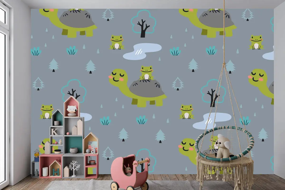 Sevimli Anne Kaplumbağa Ve Kurbağalar Ile Karikatür Hayvanlar Desen Çocuk Odası Duvar Kağıdı