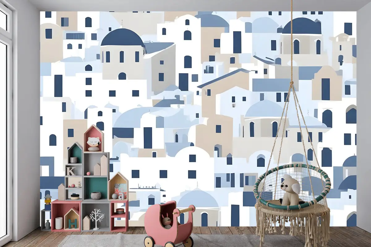 Karikatür Eski Mavi Yunan Evi Çocuk Odası Duvar Kağıdı