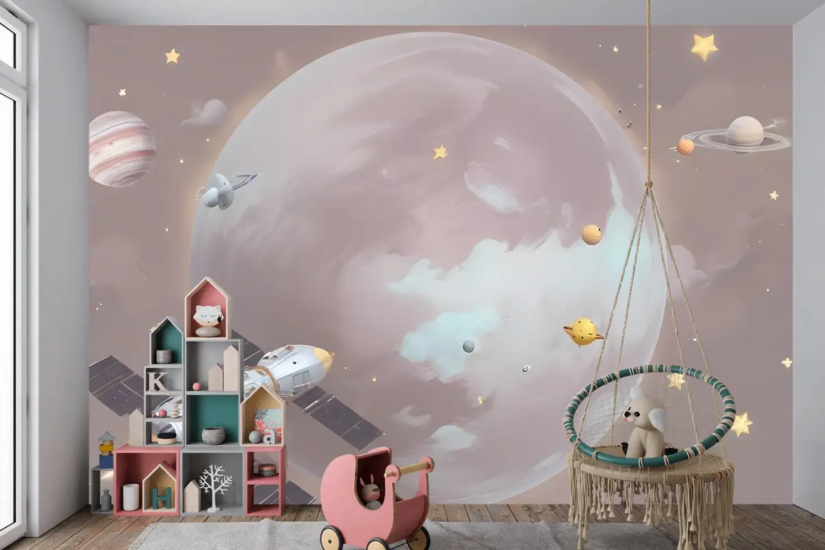 Karikatür Gezegenler Ve Yıldızlı Uzay Çocuk Odası Duvar Kağıdı
