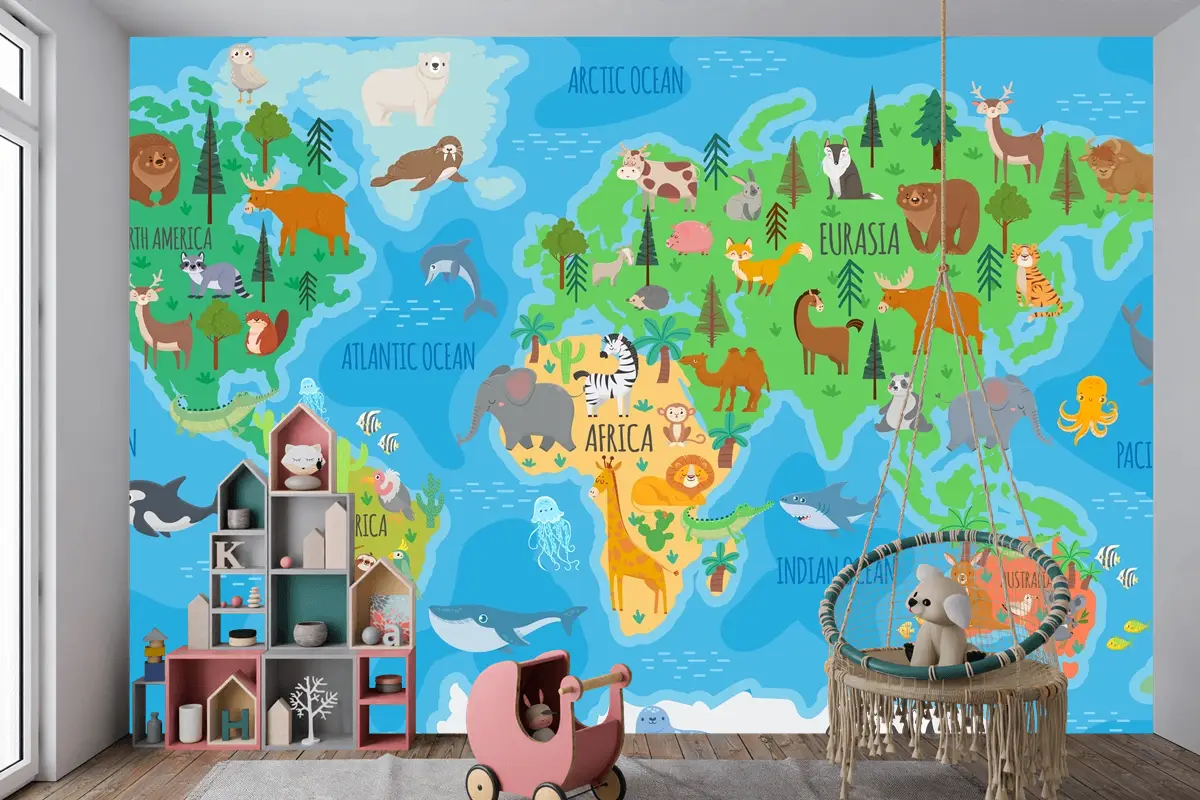 Orman Hayvanları Çocuk Odası Duvar Kağıdı Ile Çocuk Odası İçin Karikatür Dünya Haritası