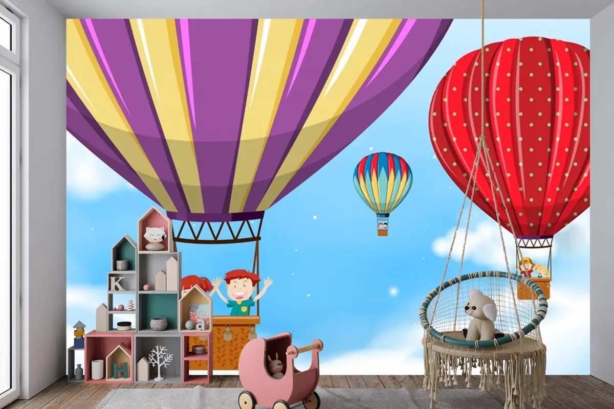 Sıcak Hava Balonuna Binen Çocuklar Çocuk Odası Duvar Kağıdı 