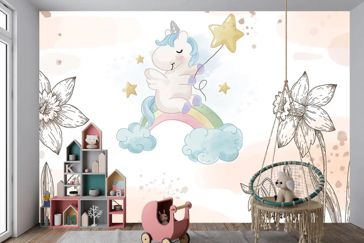 Çiçekler Arasında Unicorn Çocuk Odası Duvar Kağıdı