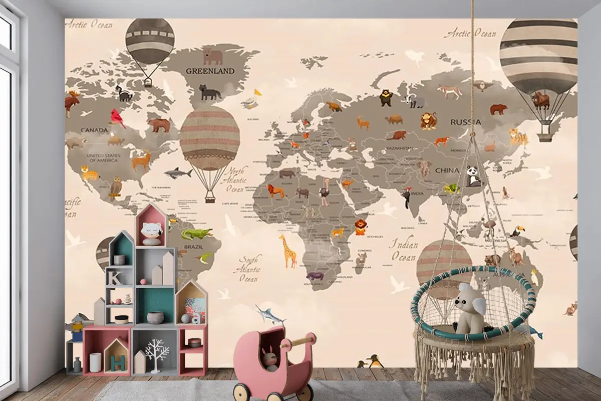 Çocuk Odaları Için Dünya Haritası Ve Balonlar Çocuk Odası Duvar Kağıdı