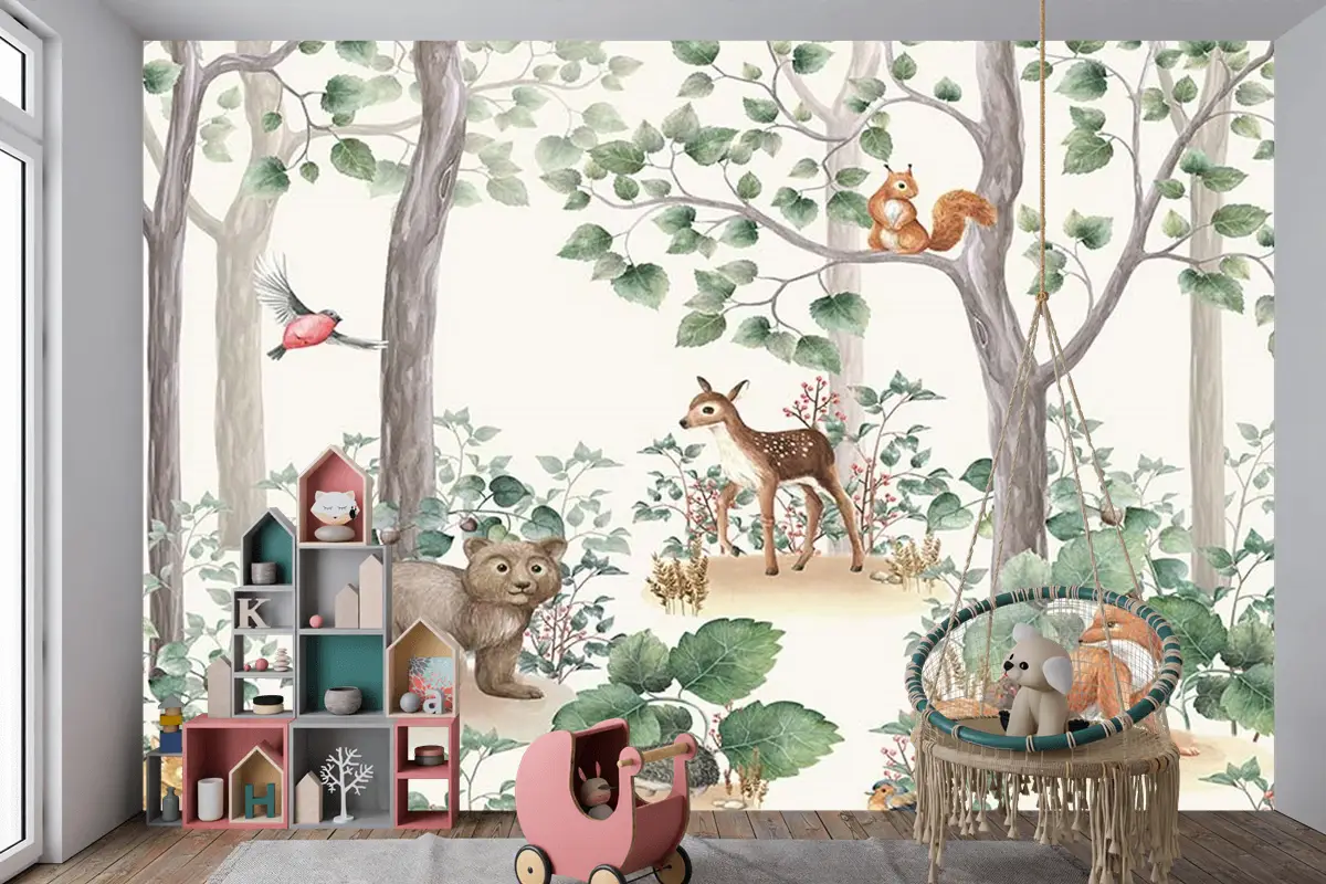 Çocuk Odaları Için Orman Ve Sevimli Hayvanlar Çocuk Odası Duvar Kağıdı