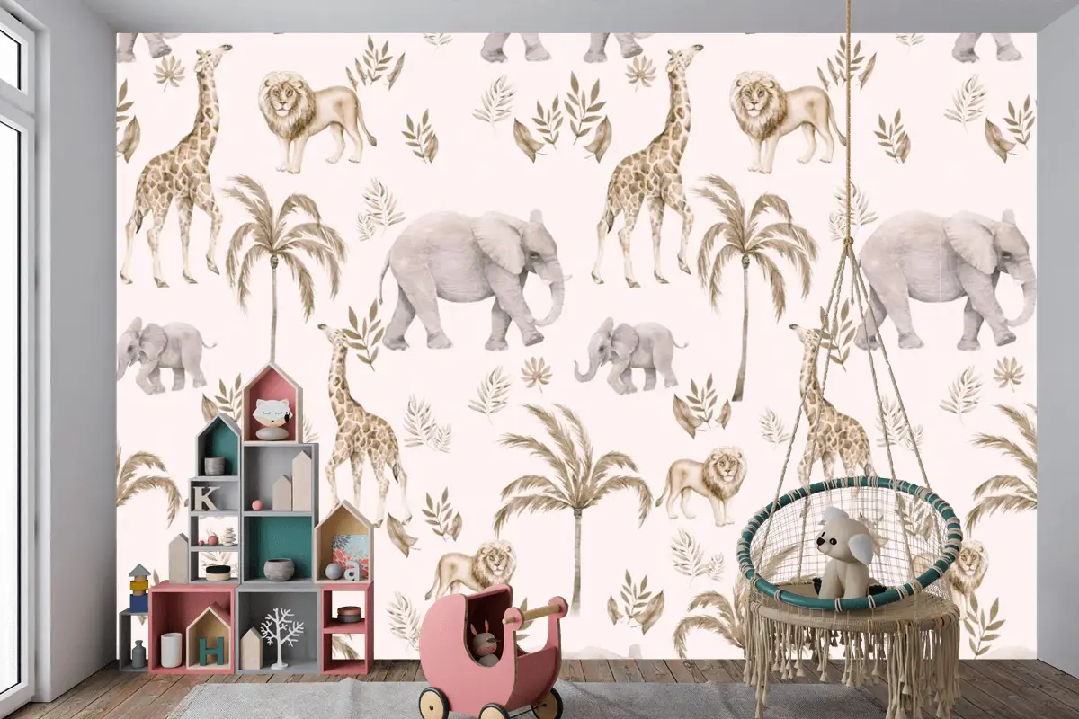 Çocuk Odası Bulutlu Çocuk Odası Duvar Kağıdı Palmiye Ağaçları Ve Safari Hayvanları