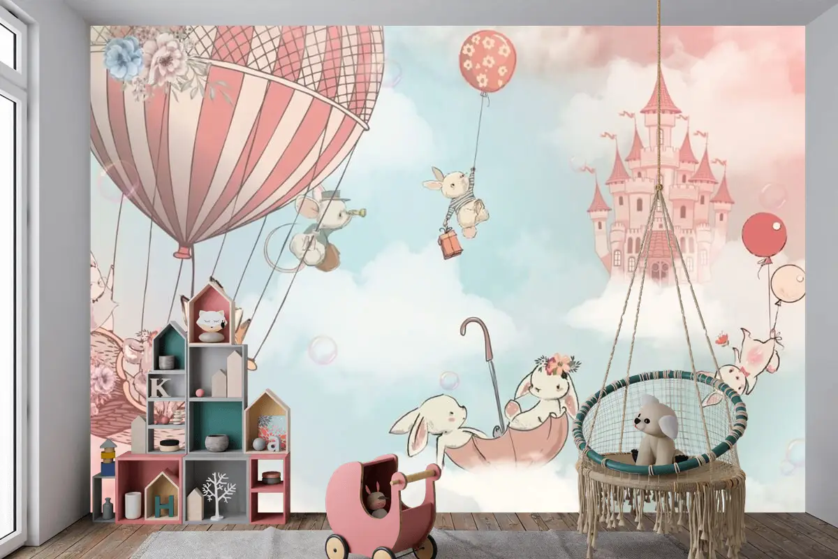 Bulutlu Çocuk Odası Duvar Kağıdı Gökyüzündeki Sevimli Hayvanlar